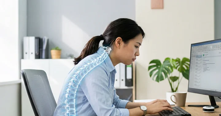 一名女性上班族坐在現代化辦公椅上專注於螢幕工作，其脊椎與下腹核心區域被疊加的淡藍色動態向量線條優雅標註，視覺化呈現《微習慣養成計劃》中利用動態坐姿進行深層核心收緊、無意識拉高非運動消耗熱量的極簡無痛體態管理場景。
